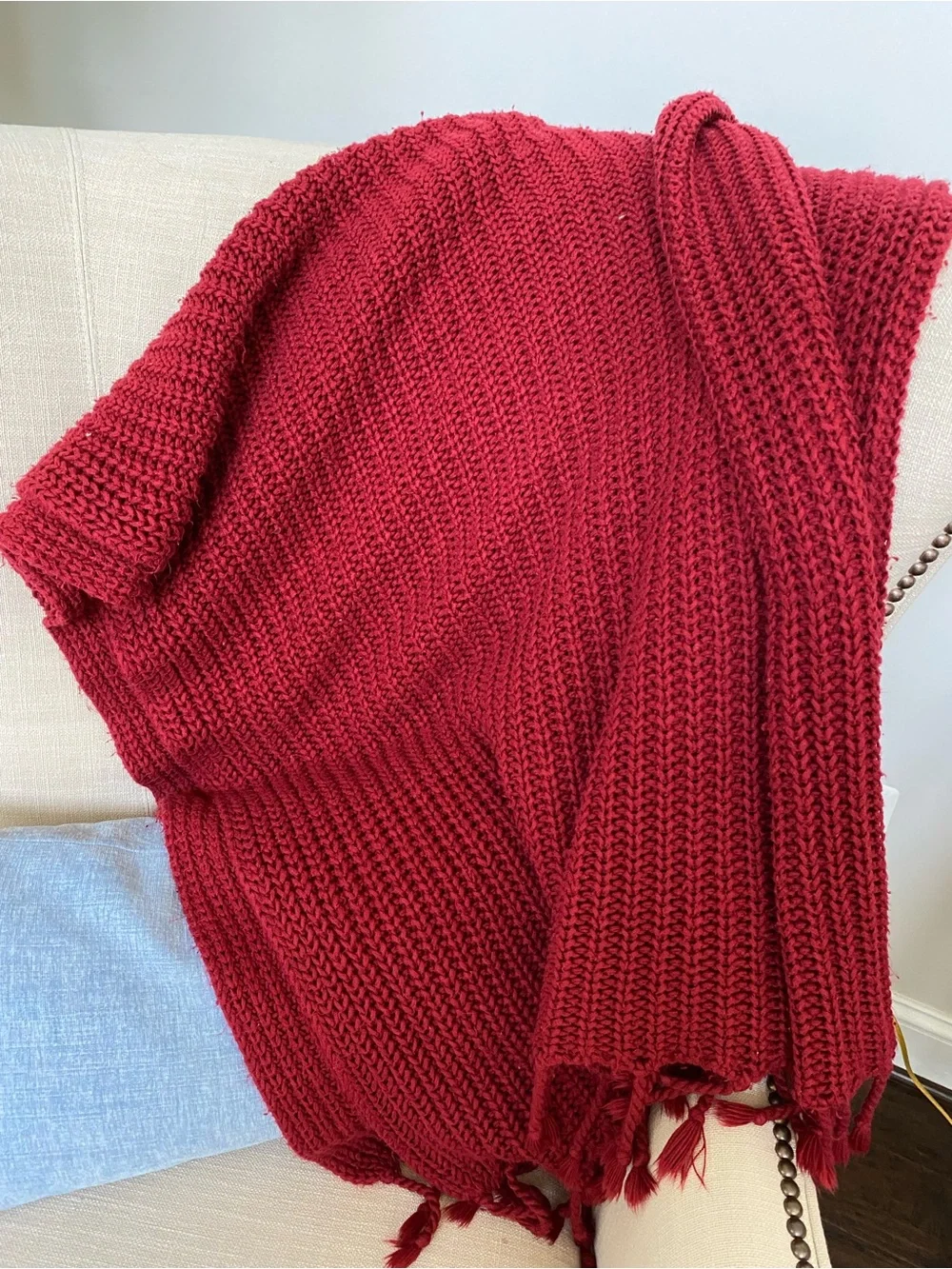 Pottery Barn Red Waffle Knit Throw Blanket with Fringe 50”x60”